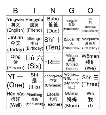 Chinese Bingo Card