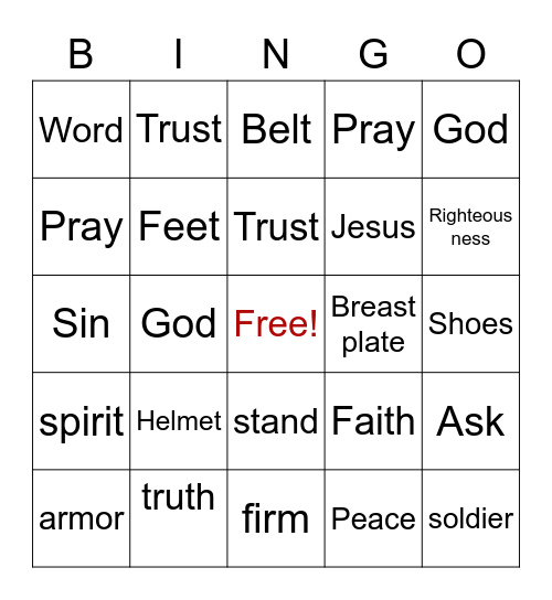 Armor of God Bingo Card