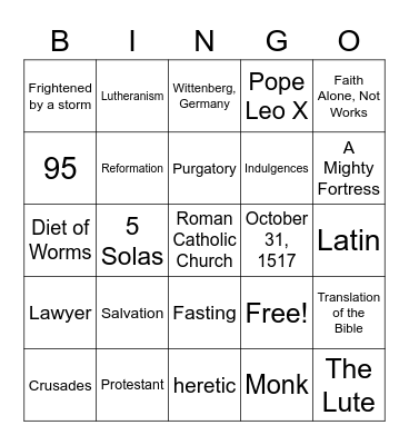 Martin Luther Bingo Card