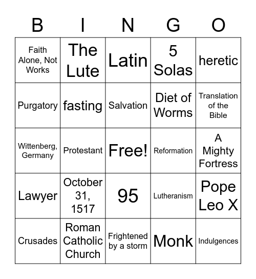 Martin Luther Bingo Card