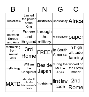 World History I Review BINGO 1 Bingo Card
