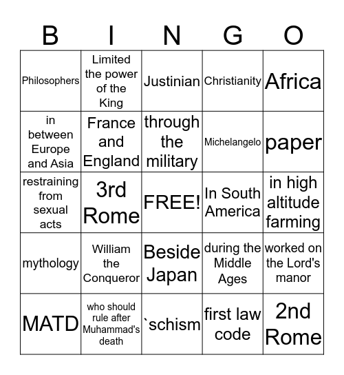 World History I Review BINGO 1 Bingo Card