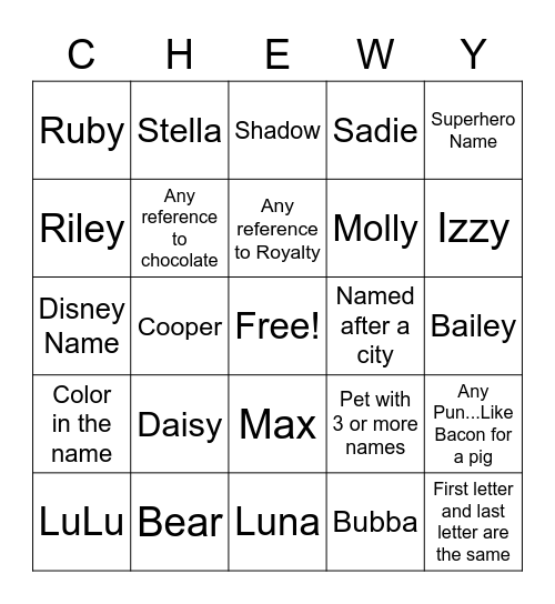 Chewy Bingo Card