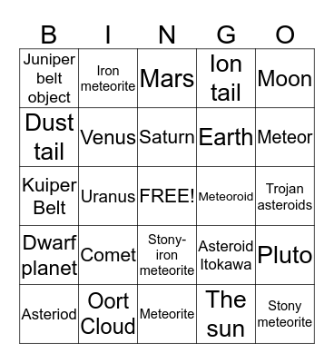 Small Bodies in the Solar System Bingo Card