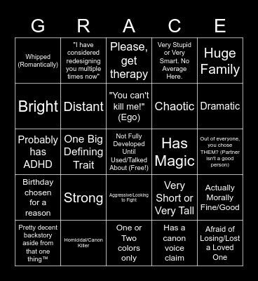 Grace has OC Tropes, Apparently Bingo Card