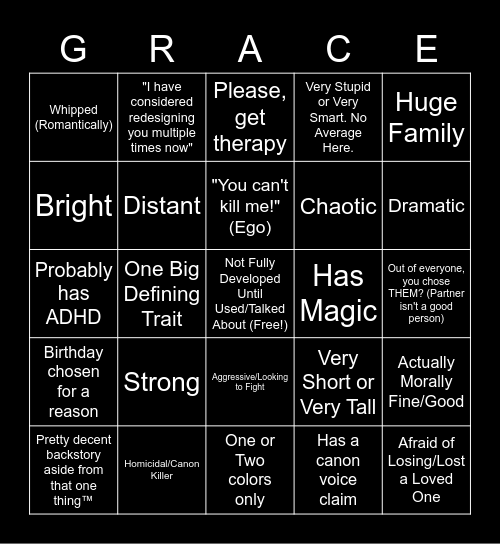 Grace has OC Tropes, Apparently Bingo Card