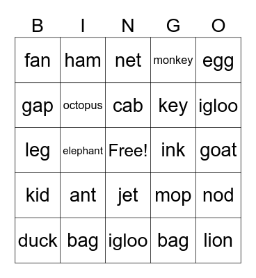 Phonics A to O Bingo Card