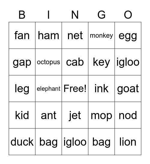 Phonics A to O Bingo Card