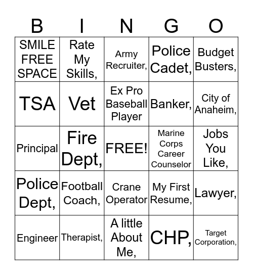 Glenview Career Day Bingo 2015 Bingo Card