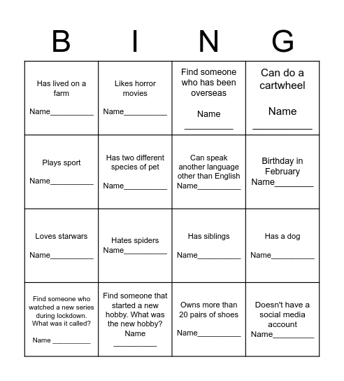 Ice Breaker Bingo Card