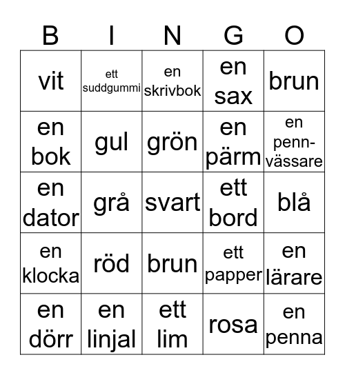 SKOLORD OCH FÄRGER Bingo Card