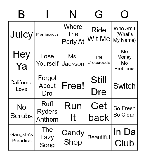 90's-2000's Hip Hop Bingo Card