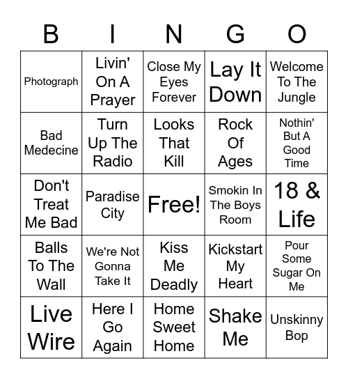 Hair Band Hits Bingo Card