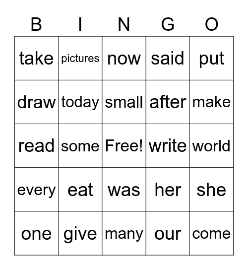 Vocabulary Word List Bingo Card