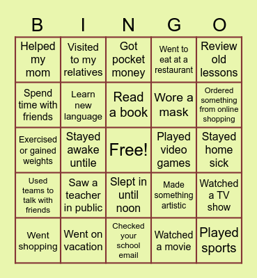 Welcome Back To School Bingo Card