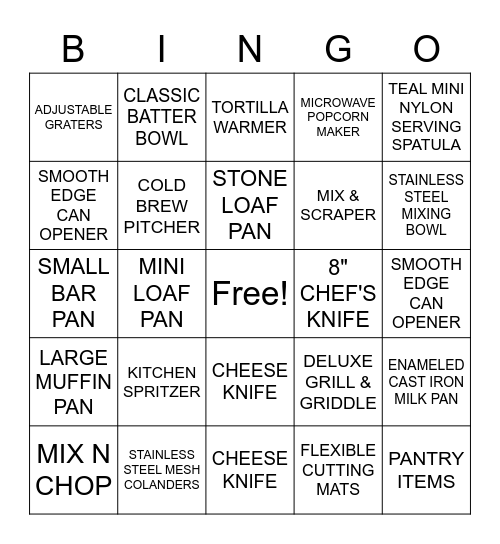 PAMPERED CHEF PRODUCTS Bingo Card