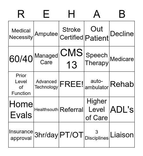 Healthsouth Bingo Card