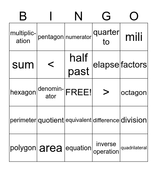 Math Bingo Card