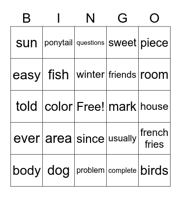 4th list~ FRY Words Bingo Card