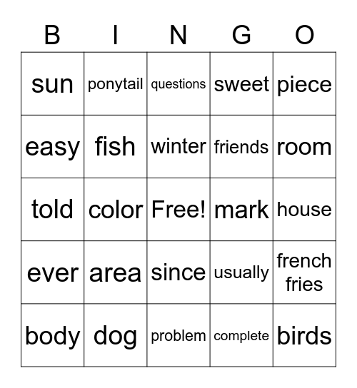 4th list~ FRY Words Bingo Card