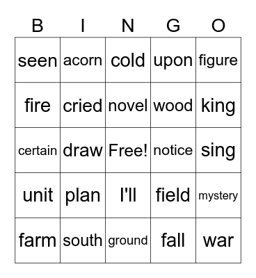 4th list, FRY Words Bingo Card