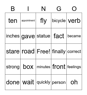 5th list, FRY Words Bingo Card