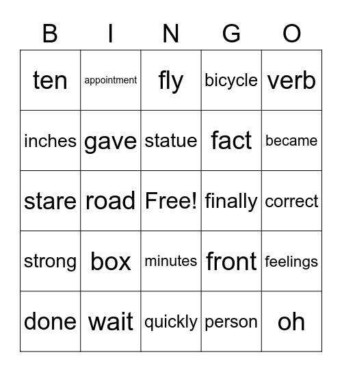 5th list, FRY Words Bingo Card