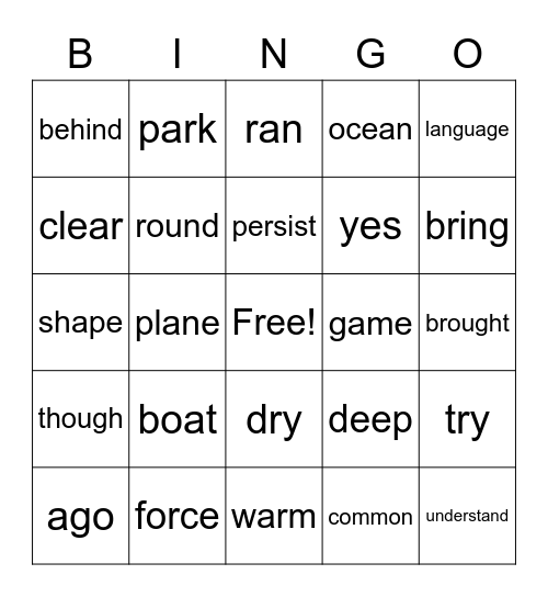 5th list, FRY Words Bingo Card