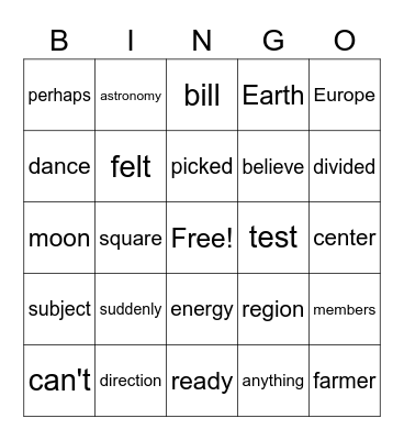 6th list, FRY Words Bingo Card