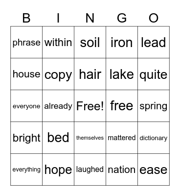 7th list, FRY Words Bingo Card