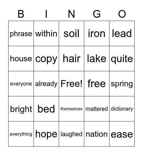 7th list, FRY Words Bingo Card