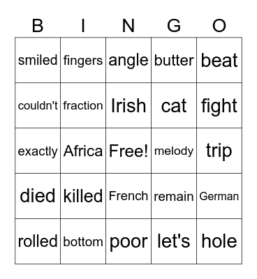 7th list, FRY Words Bingo Card