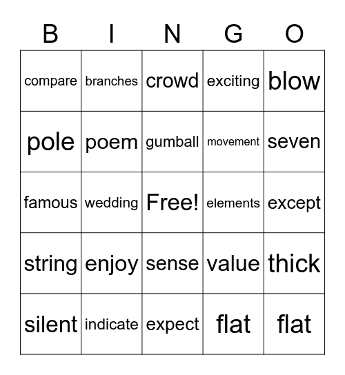 9th List, FRY Words Bingo Card