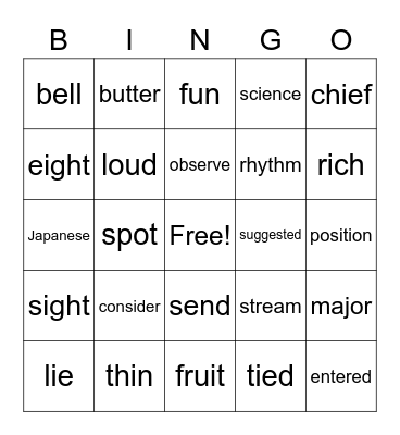 9th List, FRY Words Bingo Card