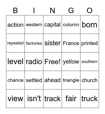 10th List, FRY Words Bingo Card