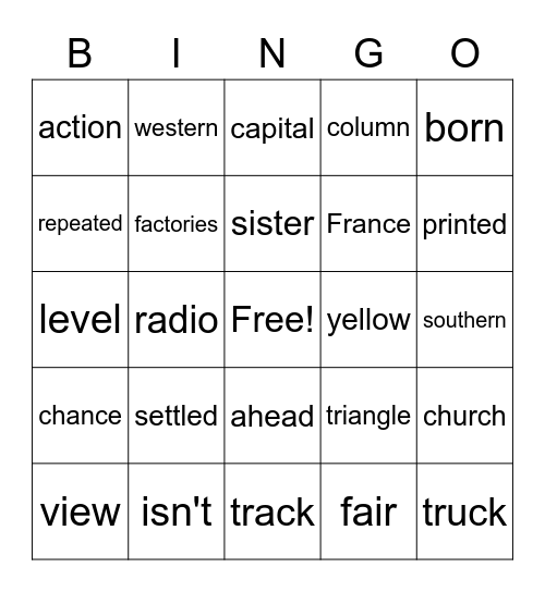 10th List, FRY Words Bingo Card