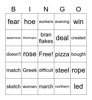 10th List, FRY Words Bingo Card