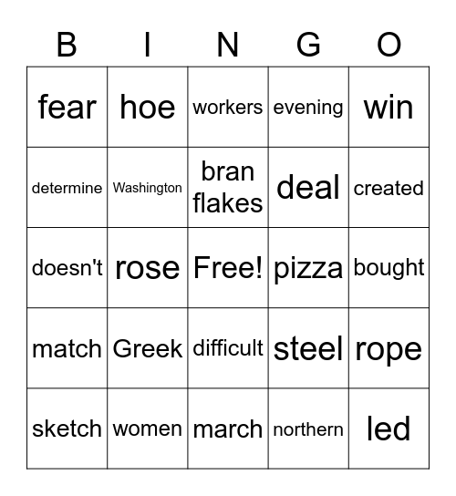 10th List, FRY Words Bingo Card