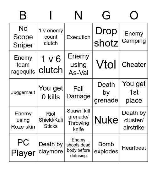 Modern Warfare Bingo Card