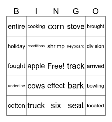 10th List, FRY Words Bingo Card