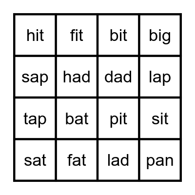 Short a/i  Bingo Card
