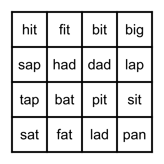 Short a/i  Bingo Card