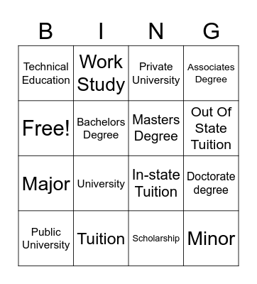 College Bingo Card