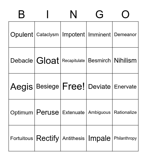 Vocabulary Bingo Review Bingo Card