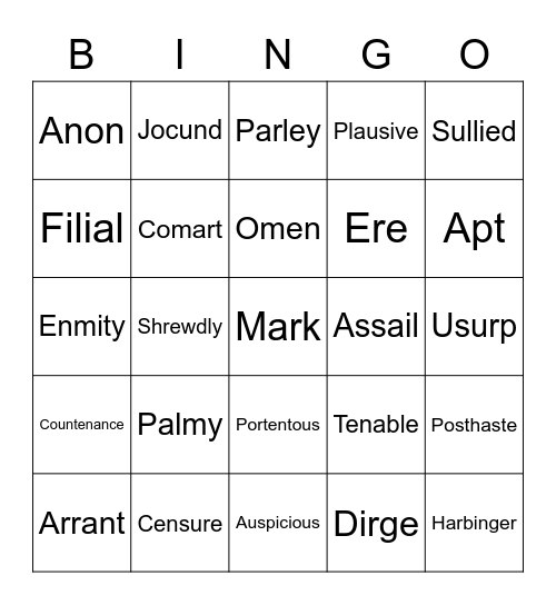Hamlet Act I Vocab Bingo Card