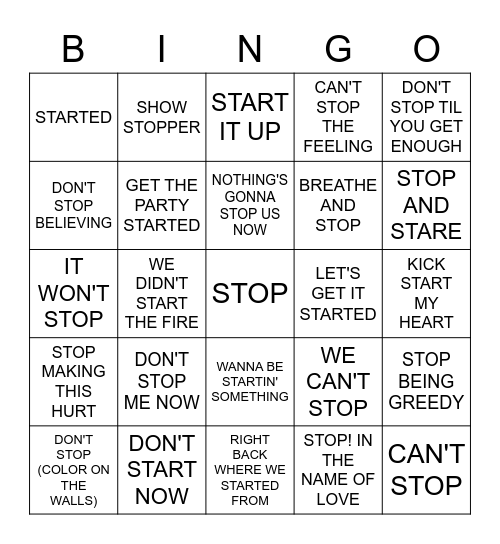 START AND STOP Bingo Card