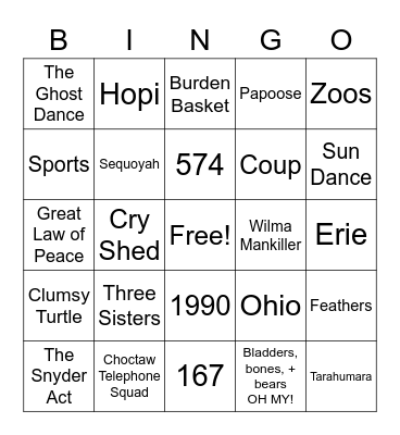 Native American Heritage Month Bingo Card