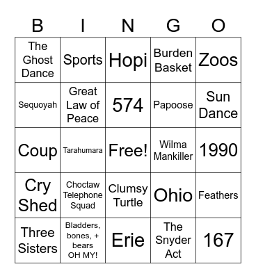 Native American Heritage Month Bingo Card