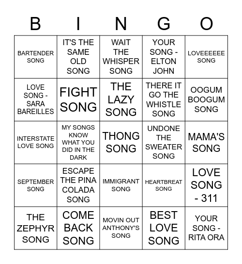 SONG Bingo Card