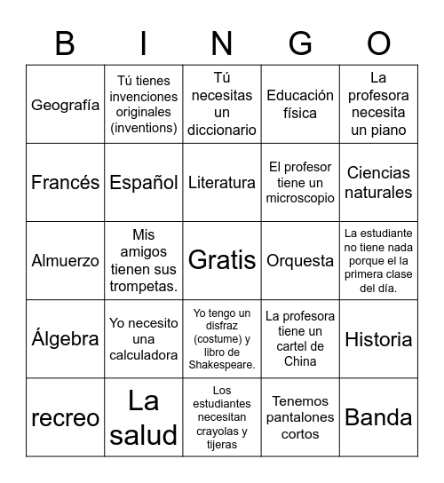 Tener y Necesitar con las clases Bingo Card